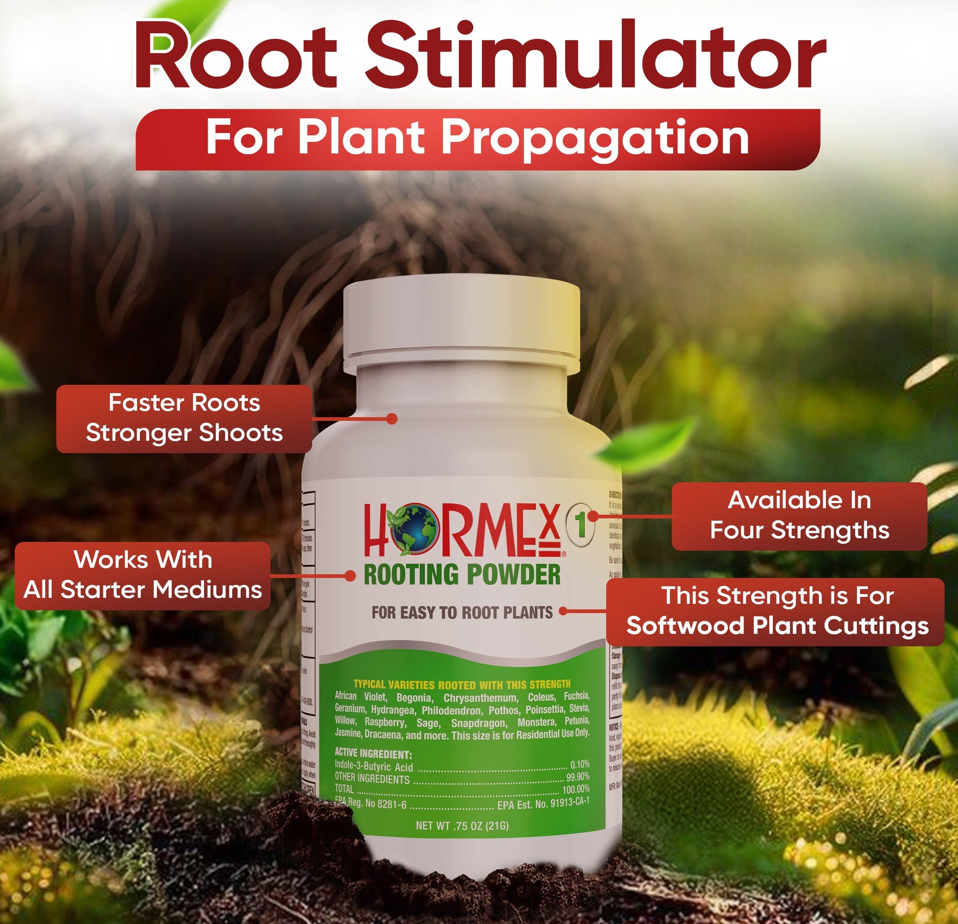 Hormex Rooting Powder #1 (0.10 IBA) - Rooting Hormone for Delicate Houseplants, Garden Herbs & Succulent Cuttings - Blessings Grow Meadows