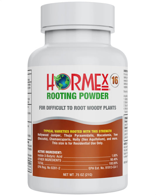Hormex Rooting Powder #16 in 3/4 oz bottle, a plant supplement for difficult hardwood plant and tree cuttings, with 1.60 IBA.