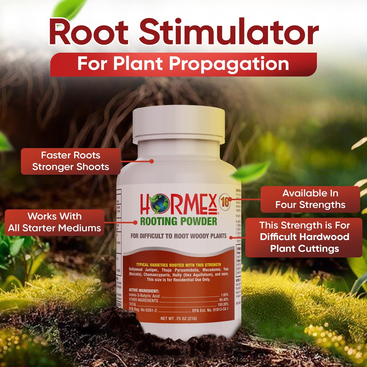 Hormex Rooting Powder #16 (1.60 IBA) - Rooting Hormone for Difficult Hardwood Plants & Tree Cuttings - Blessings Grow Meadows
