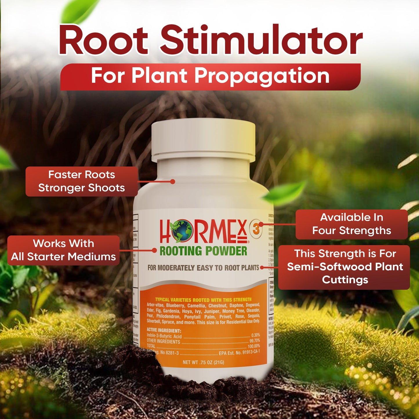 Hormex Rooting Powder #3 (0.30 IBA) - Rooting Hormone for Common Home & Garden Plant Cuttings - Blessings Grow Meadows