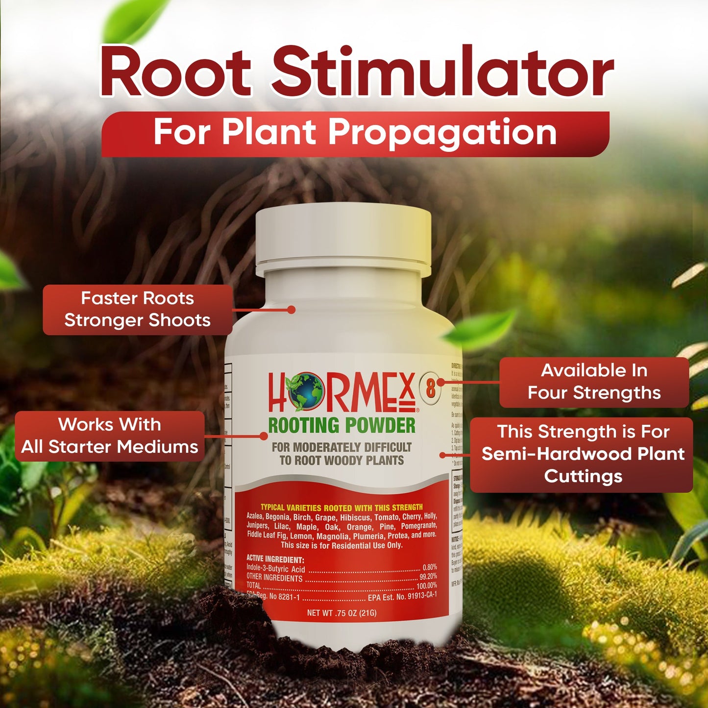 Hormex Rooting Powder #8 (0.80 IBA) - Rooting Hormone for Semi-Hardwood Houseplants, Medicinal & Tree Cuttings - Blessings Grow Meadows