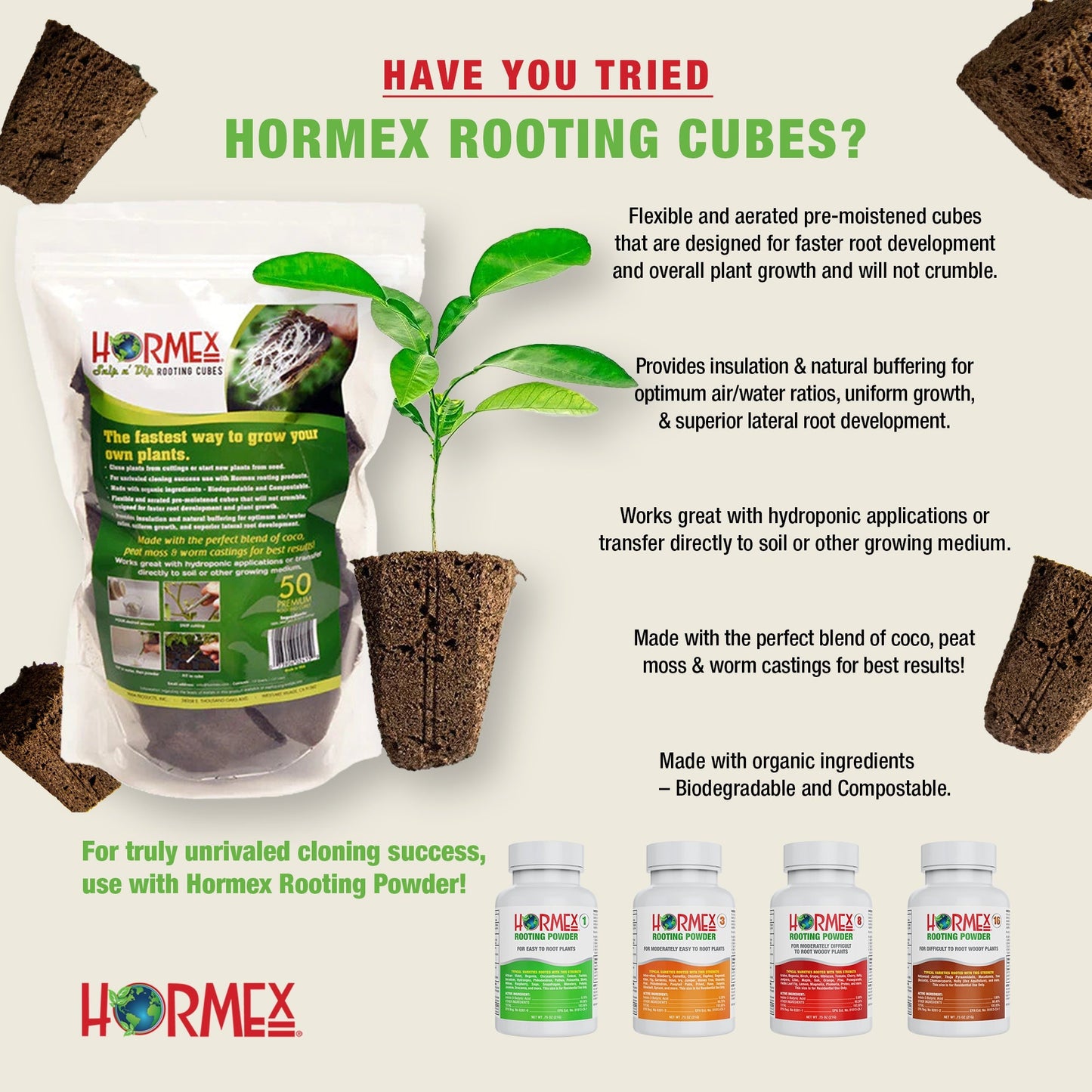 Hormex Rooting Cubes - Grow Plants from Cuttings or Start from Seed - Peat Moss & Coco Plugs - For Strong Roots & Healthy Plants - Ideal for Home & Professional Growers - Blessings Grow Meadows