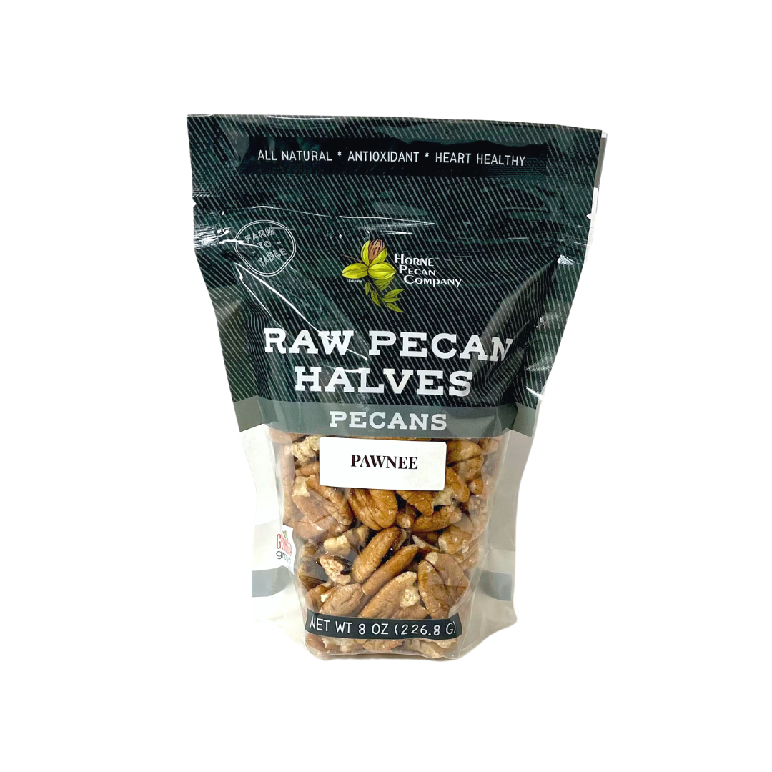 Horne Pecan Company fancy Mammoth pecan halves in a 16 oz bag, showing large, whole pecans with smooth, light brown shells.