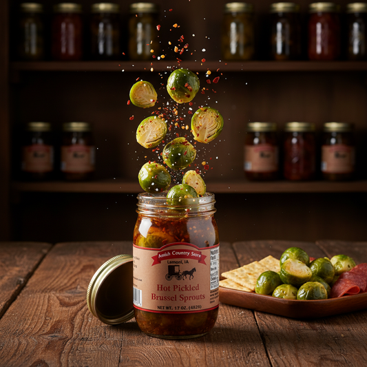 Canned Amish Country Store hot pickled Brussels sprouts in a jar with visible spicy seasoning and bright green sprouts.