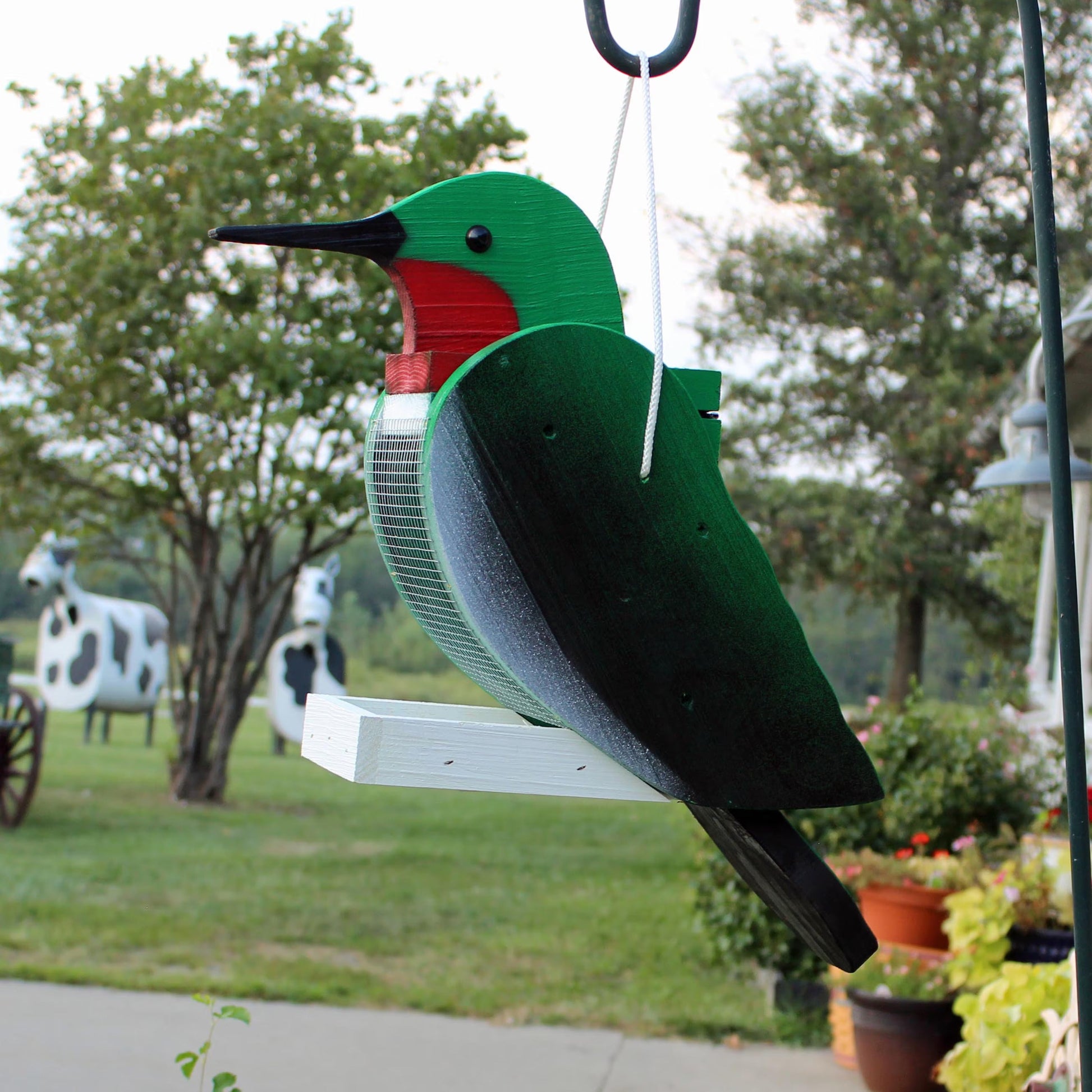 Amish-made wooden hummingbird-shaped bird feeder, handcrafted garden decor item from Amish Country Store.