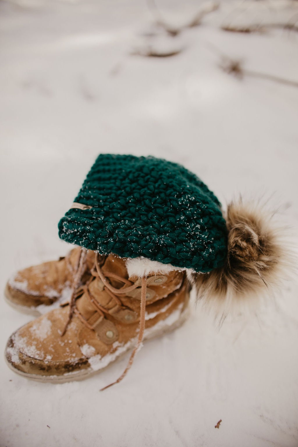 Forest Green Peruvian Wool Knit Hat with Faux Fur Pom Pom - Blessings Grow Meadows