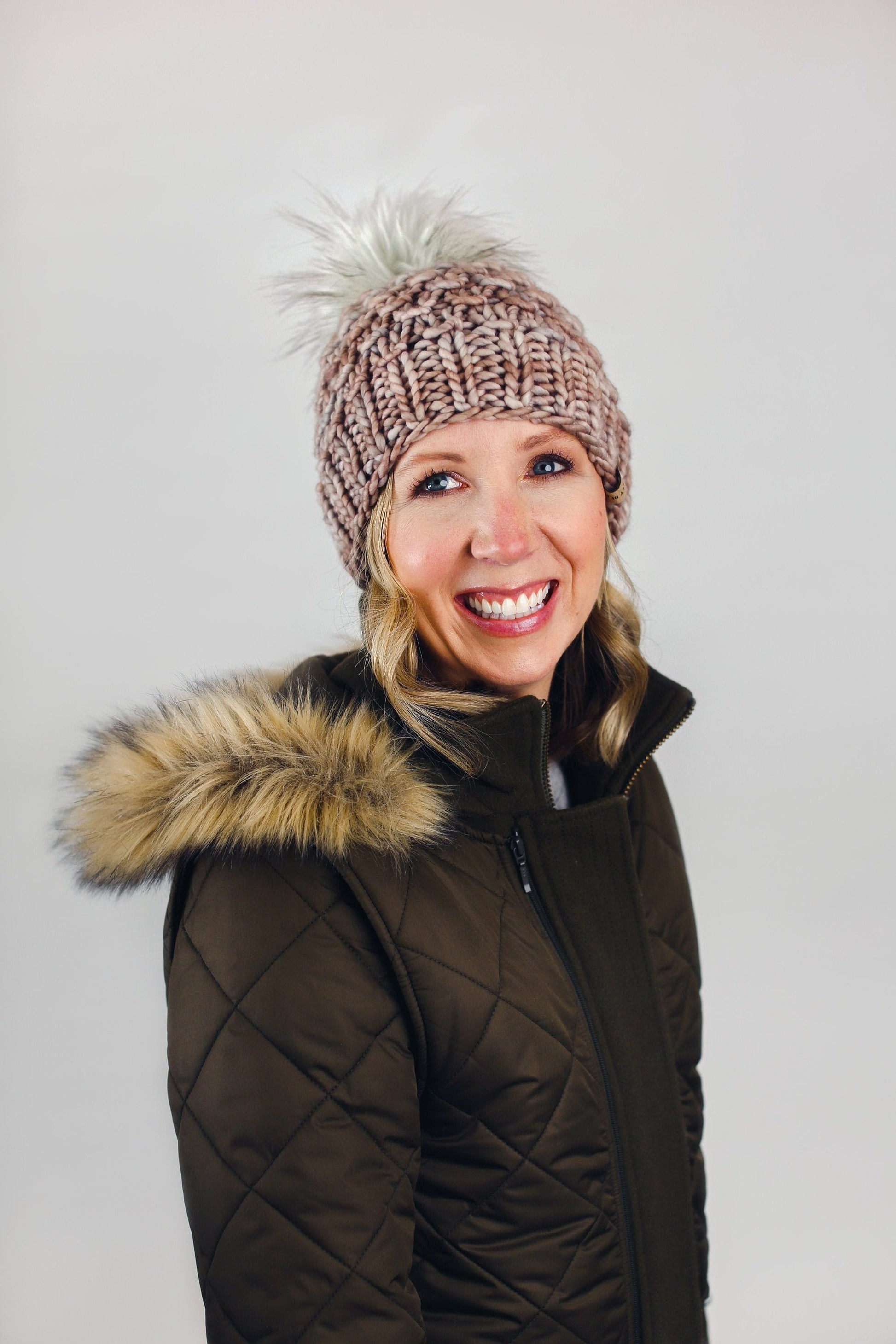 Pearl Gray Merino Wool Knit Hat with Faux Fur Pom Pom - Blessings Grow Meadows