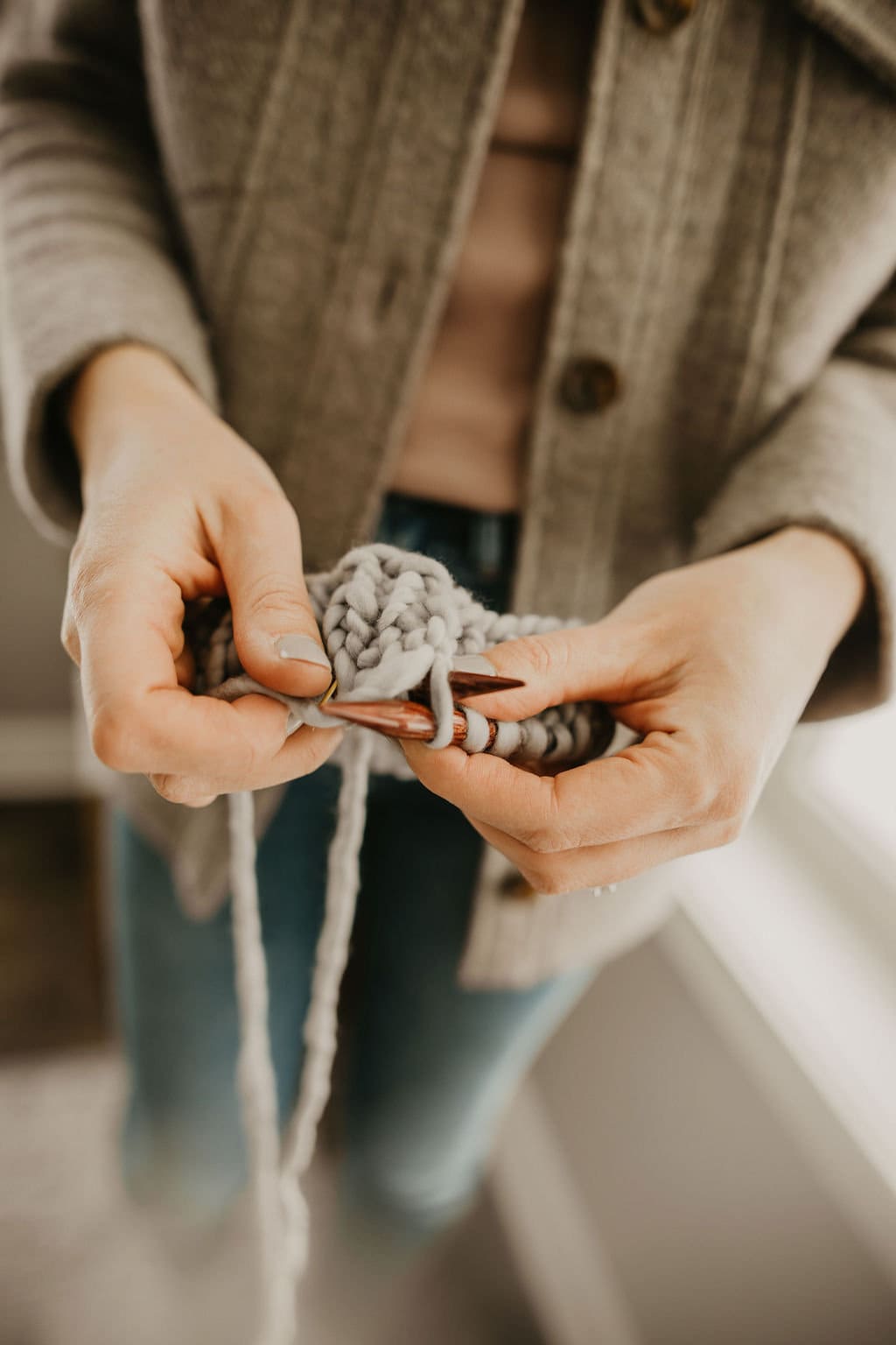 Gray Merino Wool Knit Hat with Faux Fur Pom Pom - Blessings Grow Meadows