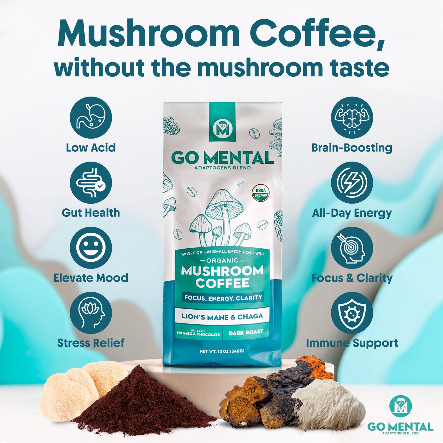 Organic Lion's Mane and Chaga mushroom coffee dark roast by GO MENTAL MUSHROOM COFFEE, featuring a steaming brewed coffee cup.