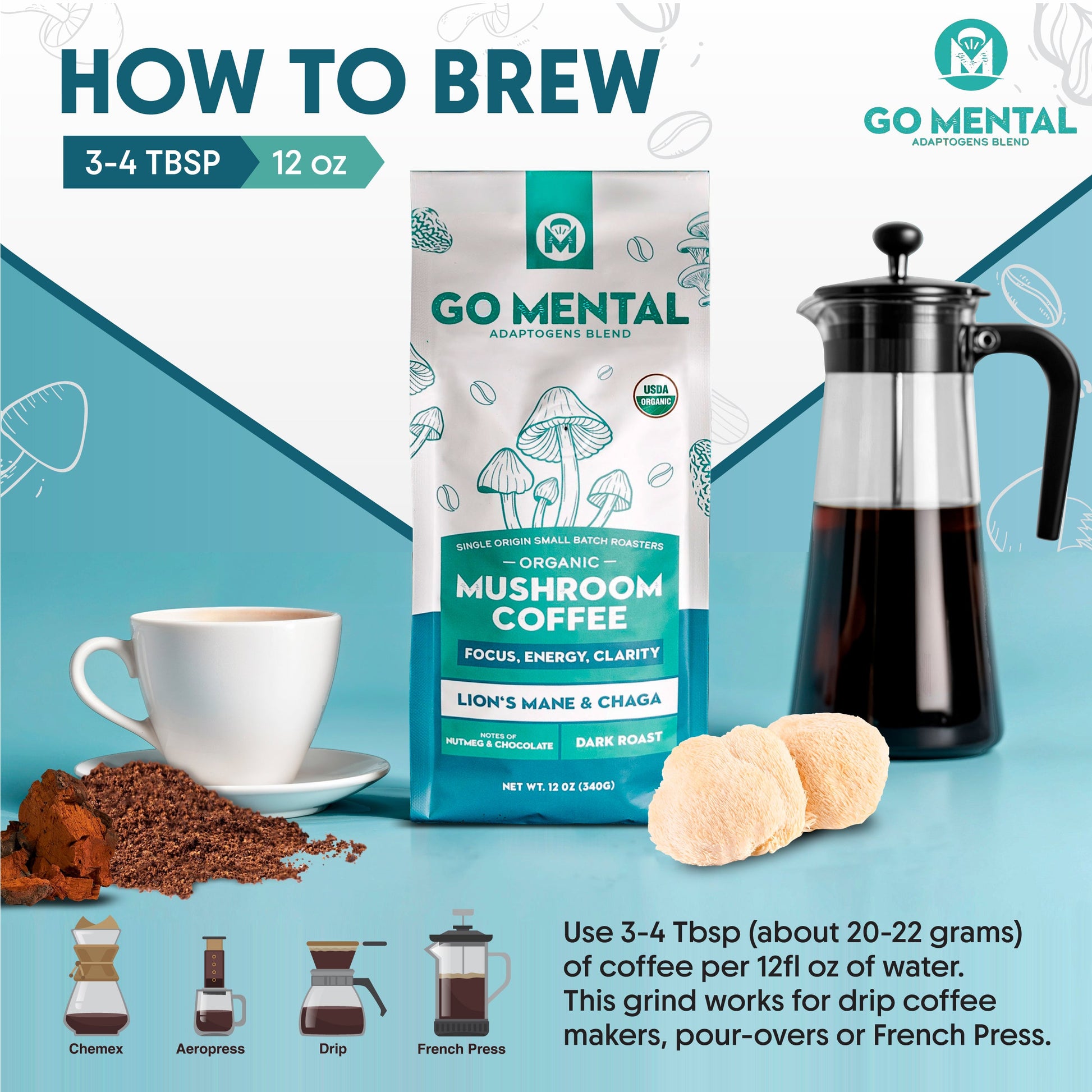 Dark roast Organic Lion's Mane and Chaga mushroom coffee from GO MENTAL MUSHROOM COFFEE, shown in a steaming cup with coffee beans.
