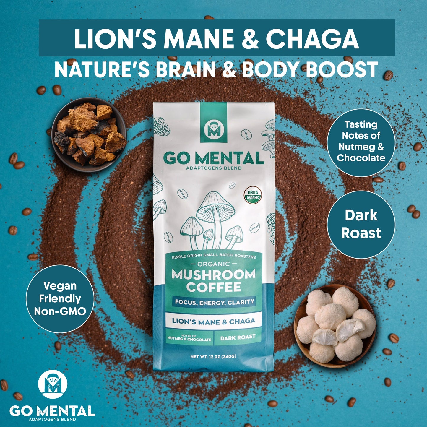 Dark roast organic Lion's Mane and Chaga mushroom coffee from GO MENTAL MUSHROOM COFFEE, featuring a steaming cup and coffee beans.