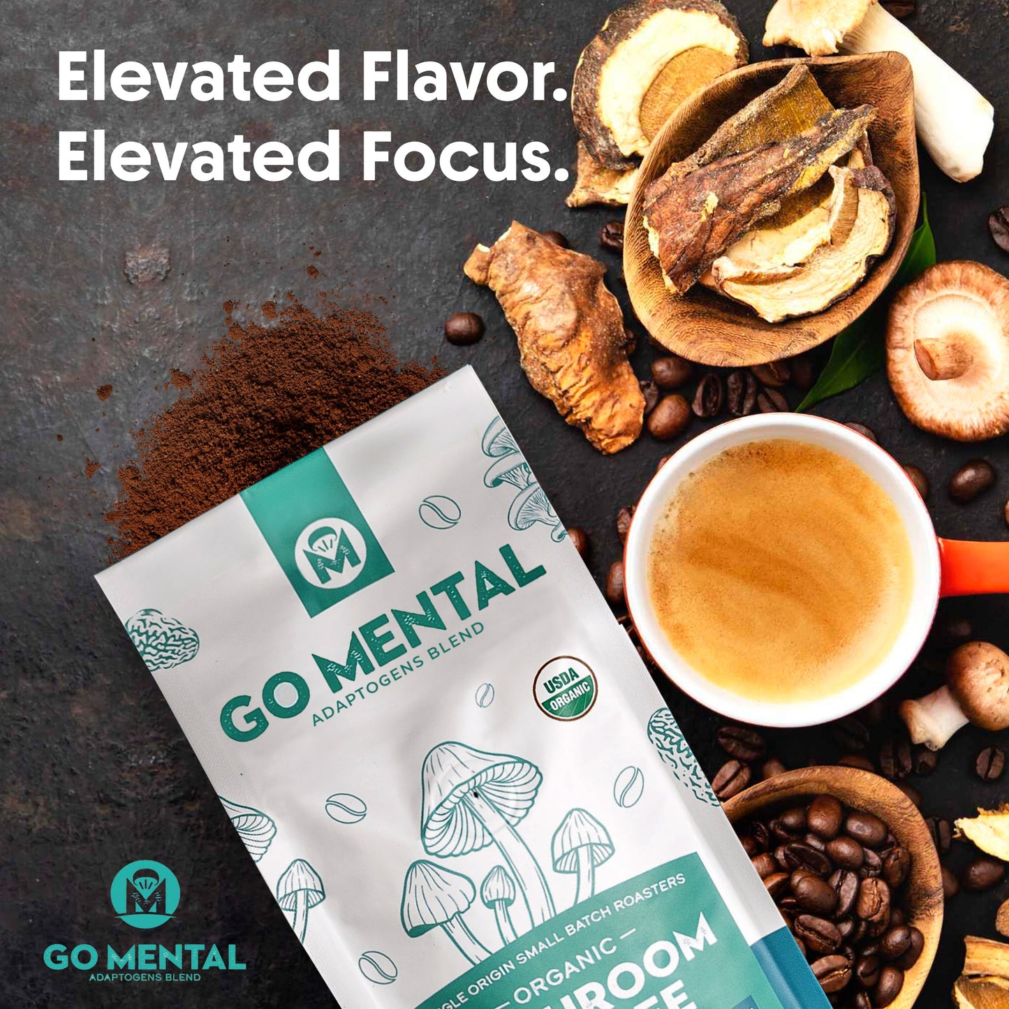 Organic Lion's Mane and Chaga mushroom coffee by GO MENTAL MUSHROOM COFFEE, dark roast served in a mug with coffee beans.