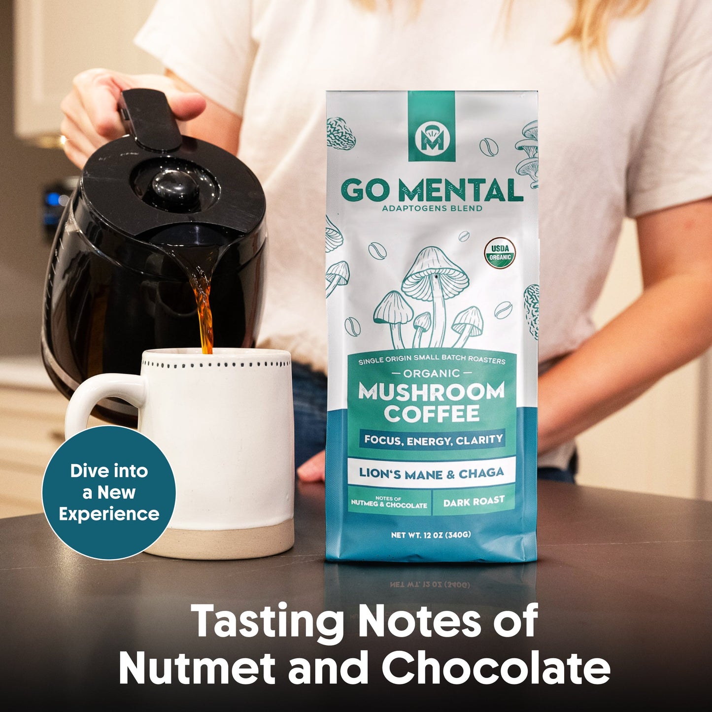 Dark roast organic mushroom coffee with Lion's Mane and Chaga mushrooms in a mug, brewed from GO MENTAL MUSHROOM COFFEE.
