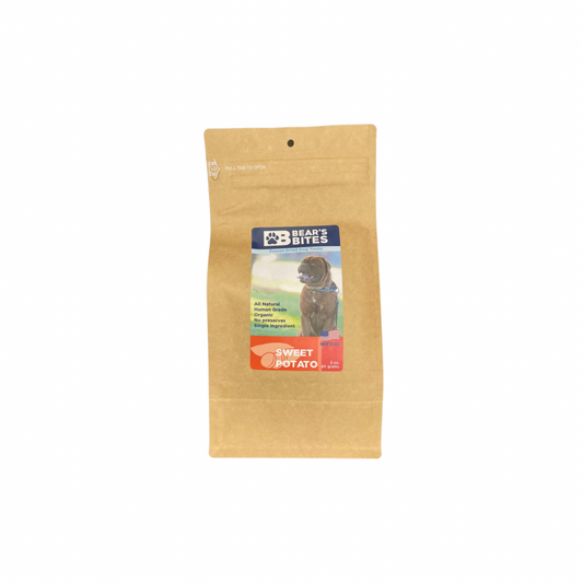 Freeze dried sweet potato dog treat from Bear's Bites, single ingredient pet snack with natural, crunchy texture for dogs.