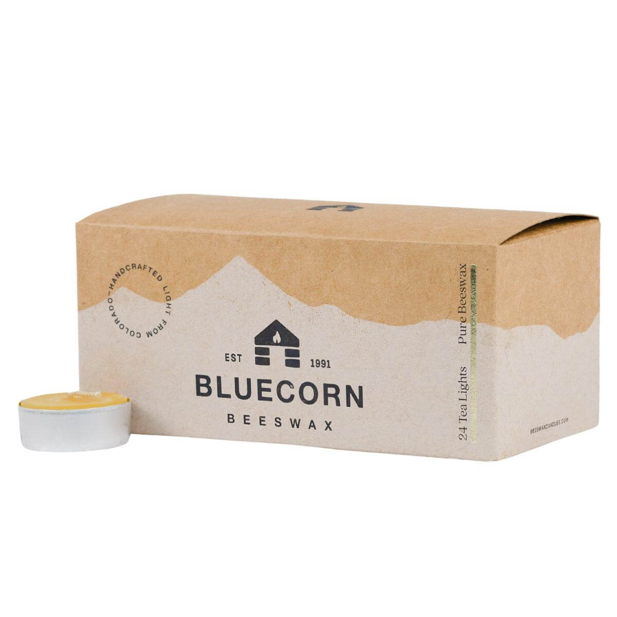 Set of Bluecorn Candles pure beeswax tea light candles with natural, golden wax and unlit wicks, ideal for ambient lighting.