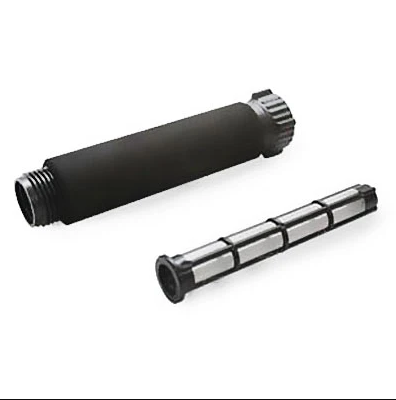 Dramm In-Line Hose Filter attached to garden hose for filtering debris and impurities during watering. Rivendell Distribution tool.