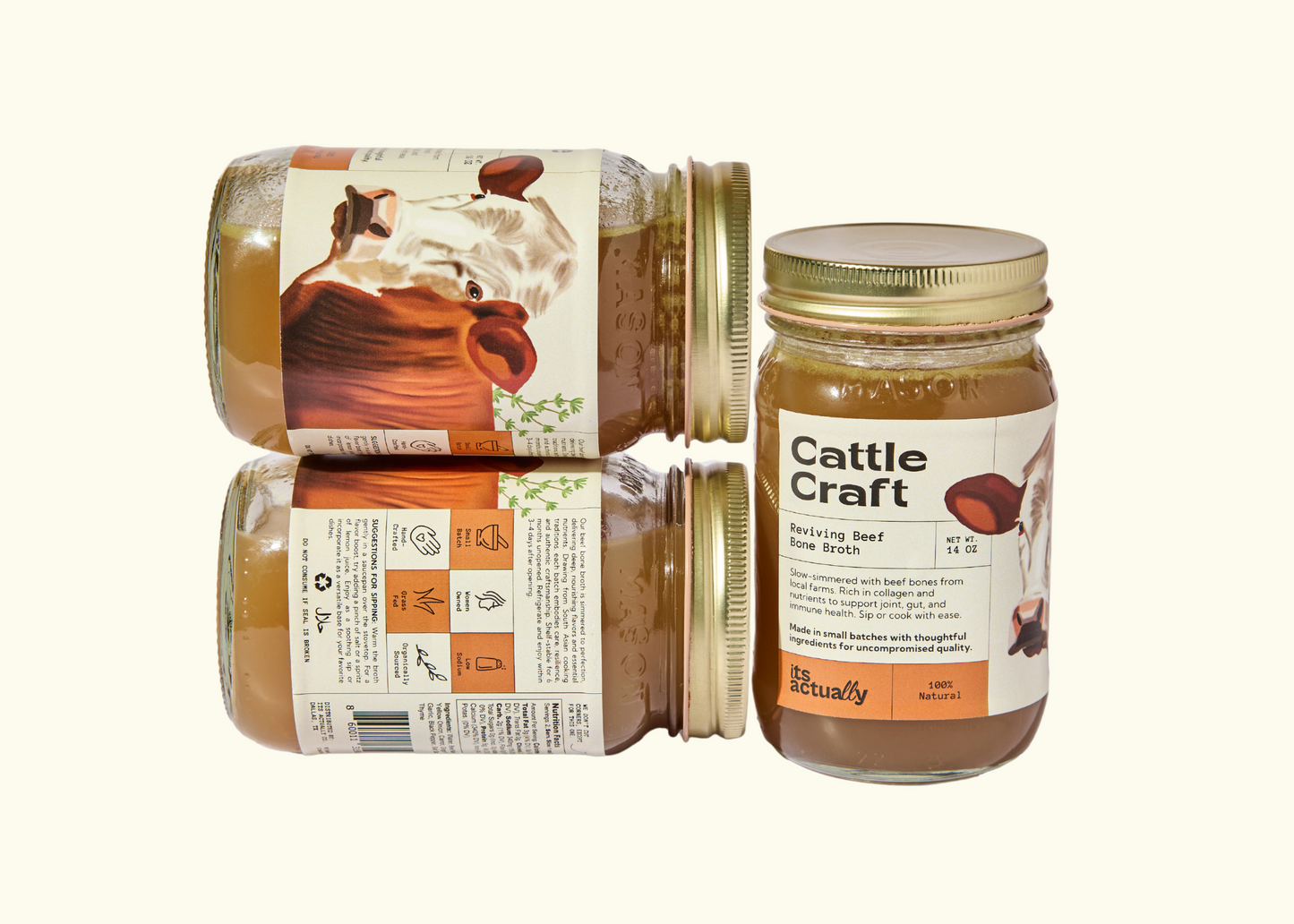 Three packs of Its Actually Co. Reviving Halal Beef Bone Broth with clear packaging and branding, ready for cooking or sipping.