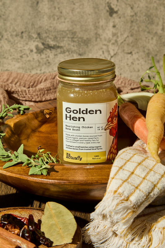 Three 14oz jars of Its Actually Co. Nourishing Halal Chicken Bone Broth beverage, showing clear broth and packaging.