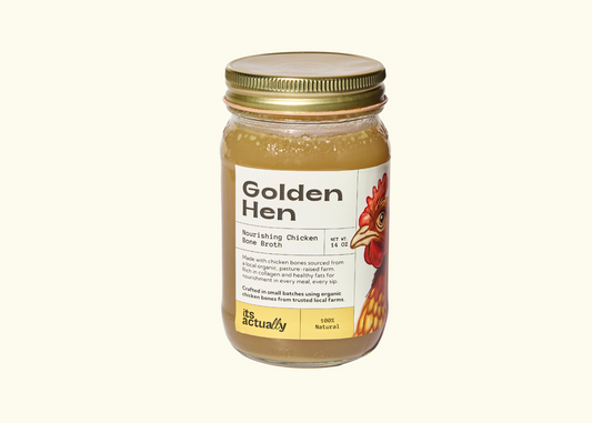 Three 14oz jars of Its Actually Co. Nourishing Halal Chicken Bone Broth beverage with clear labels on white background.