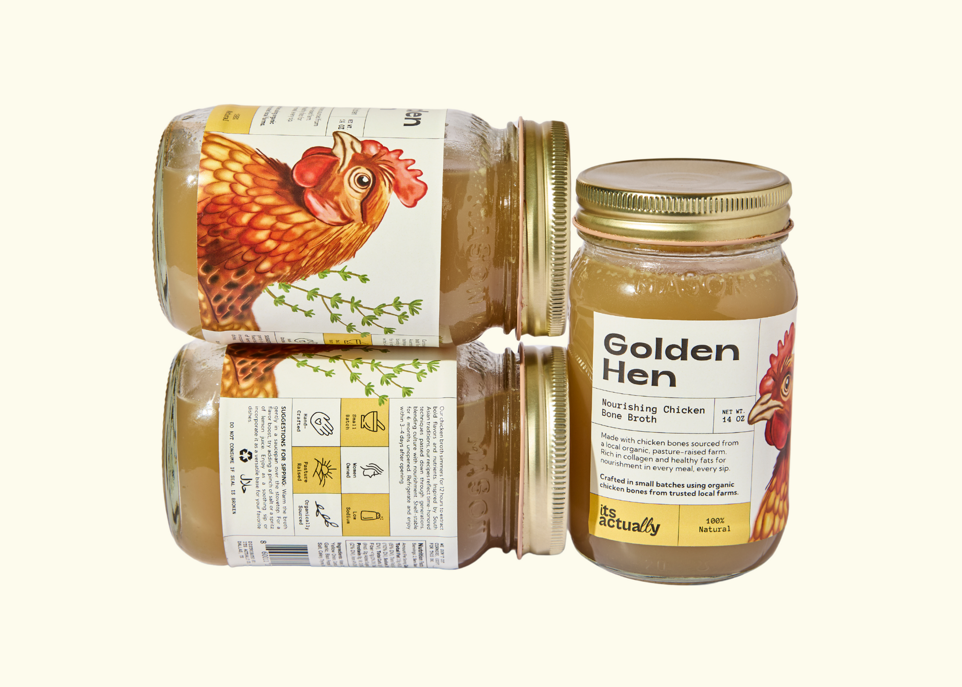 Three 14oz jars of Its Actually Co. Nourishing Halal Chicken Bone Broth beverage, featuring clear jars with broth and labeling.