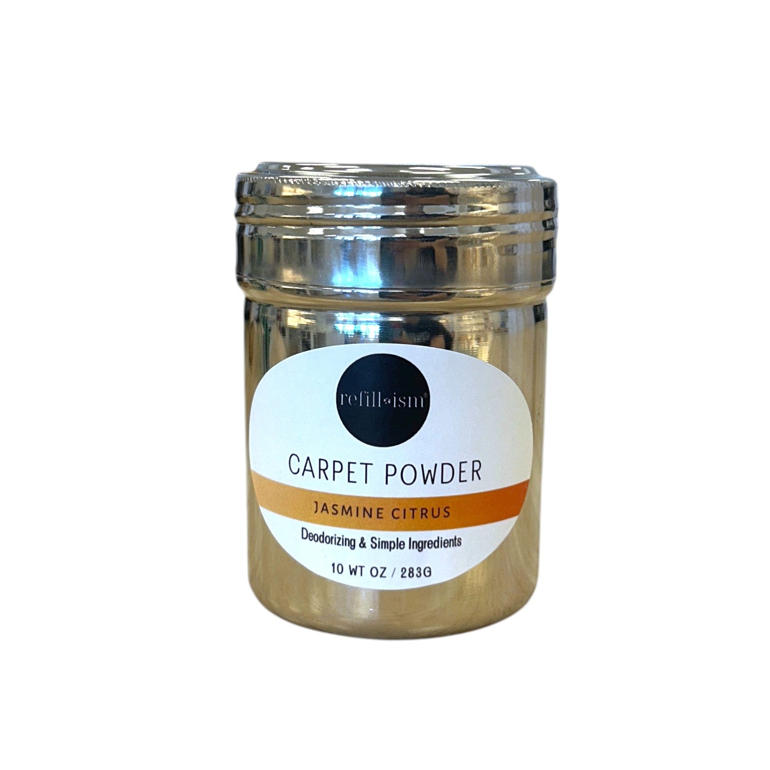Refillism jasmine citrus carpet powder in shaker container, ideal for freshening and cleaning home carpets.