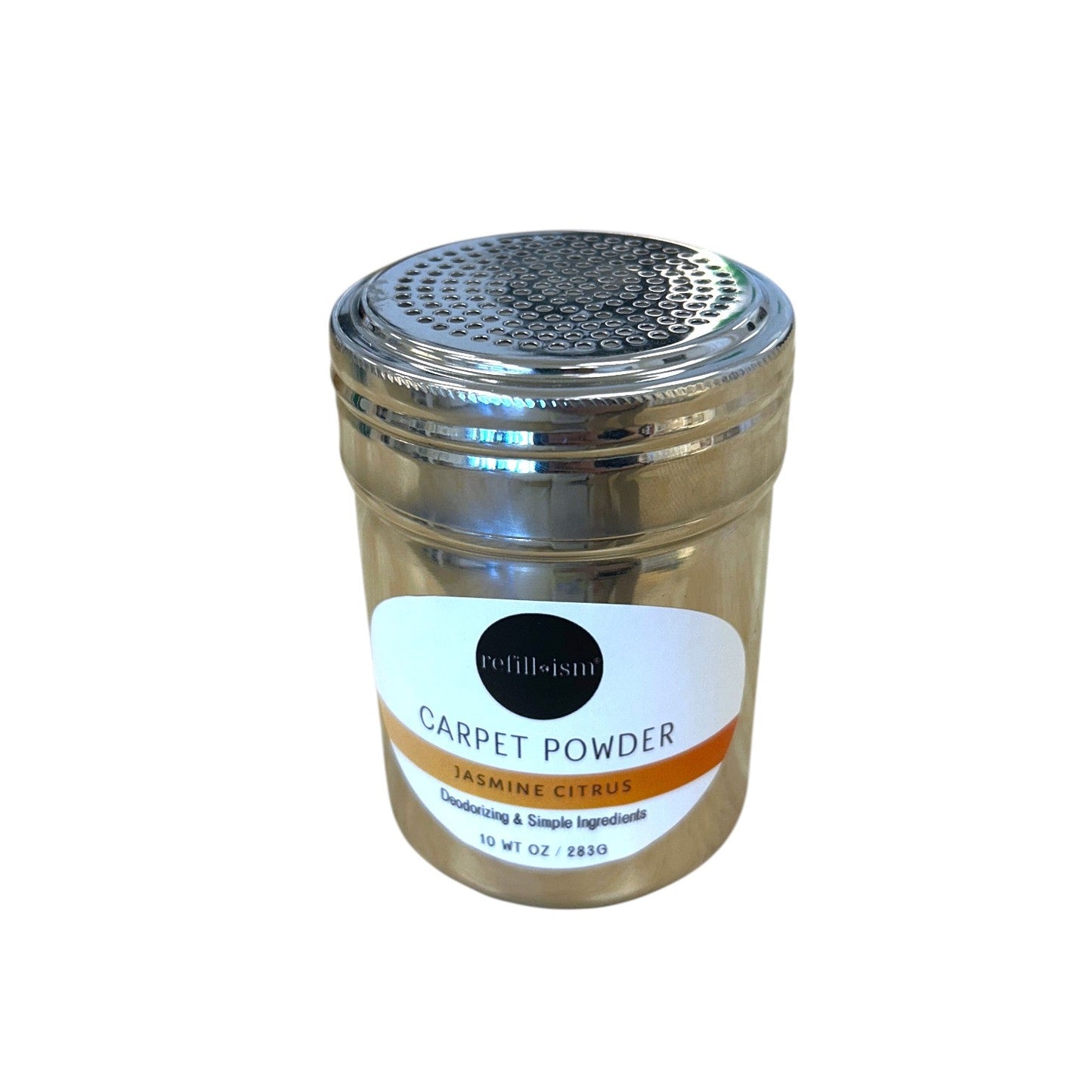 Refillism jasmine citrus carpet powder in shaker container for home cleaning, fresh floral scent, easy to use for odor removal.
