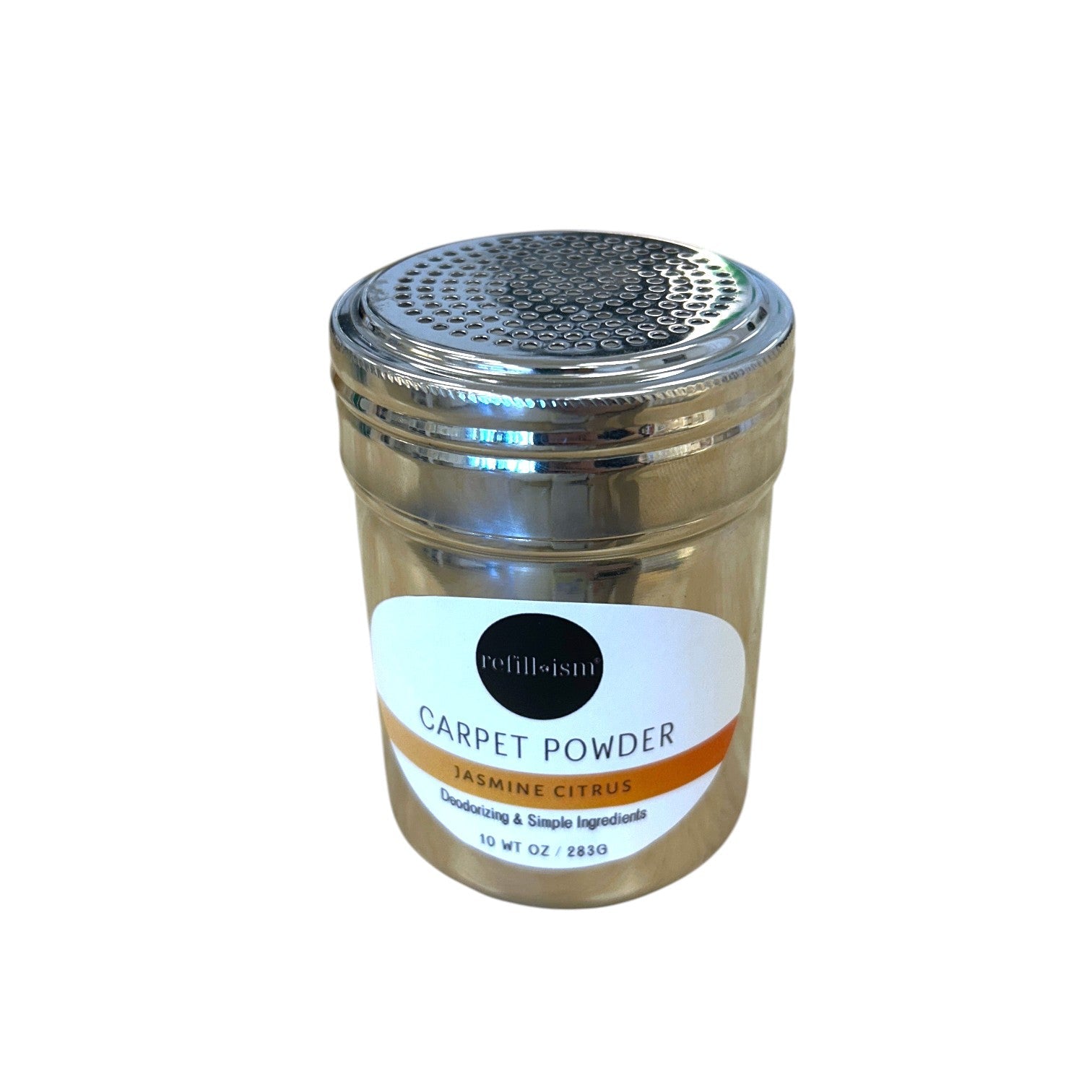 Refillism jasmine citrus carpet powder in shaker container for home cleaning, fresh floral scent, easy to use for odor removal.