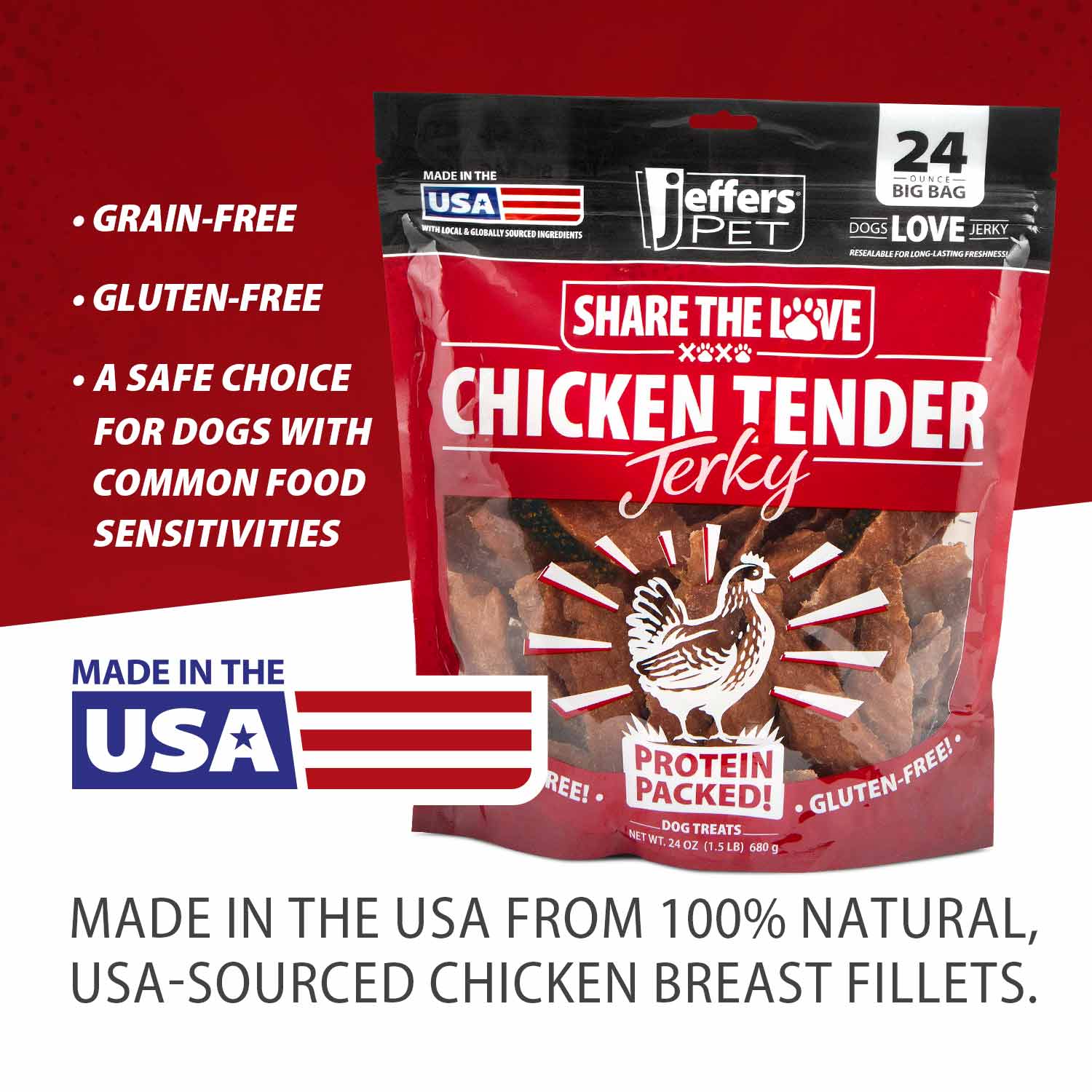 Jeffers Chicken Jerky Dog Treats in 24 oz package, natural, grain-free, gluten-free, made in USA for healthy canine snacks.