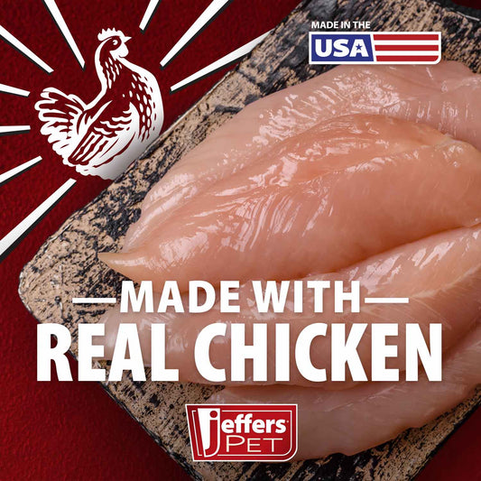 Jeffers Chicken Jerky Healthy Dog Treats in 24 oz package, grain-free, gluten-free, made in USA, natural dog treats.