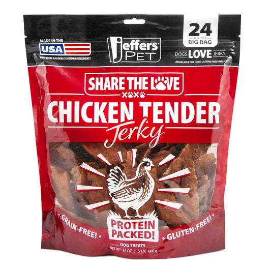 Jeffers Chicken Jerky Dog Treats 24 oz package showing natural, grain-free, gluten-free chicken jerky for dogs by Jeffers.
