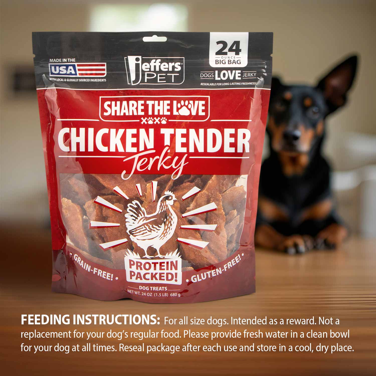 Jeffers Chicken Jerky Dog Treats in 24 oz bag, 100% natural, grain-free, gluten-free, made in USA, healthy dog treats.