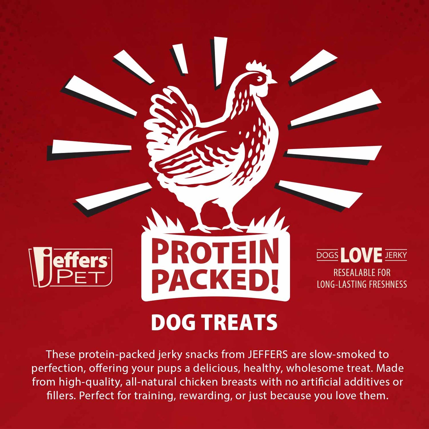 Jeffers Chicken Jerky Dog Treats in 24 oz bag, natural, grain-free, gluten-free dog treat with chicken, made in the USA