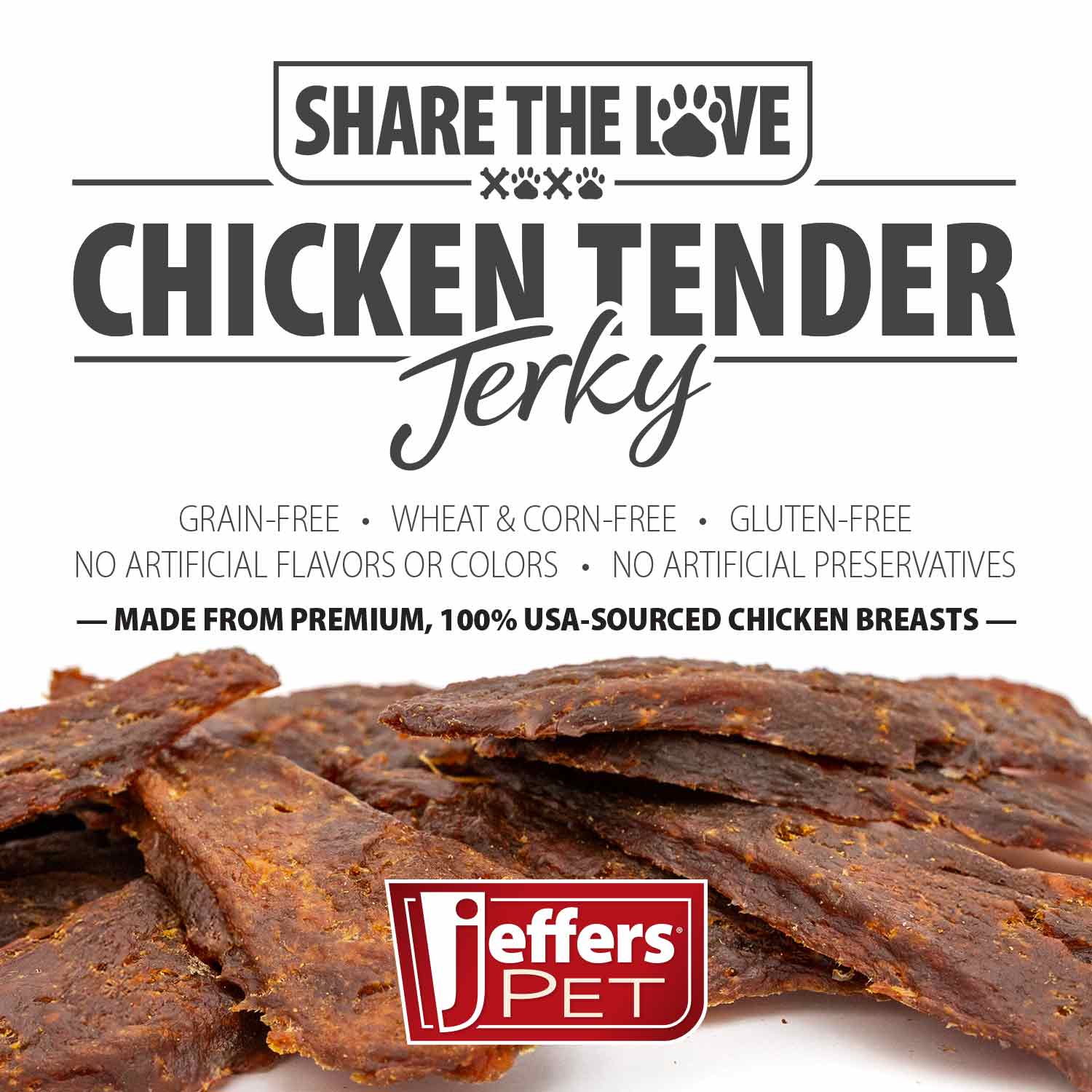 Jeffers Chicken Jerky dog treats in 24 oz bag, 100% natural, grain-free, gluten-free, made in USA, for healthy dog snacks.