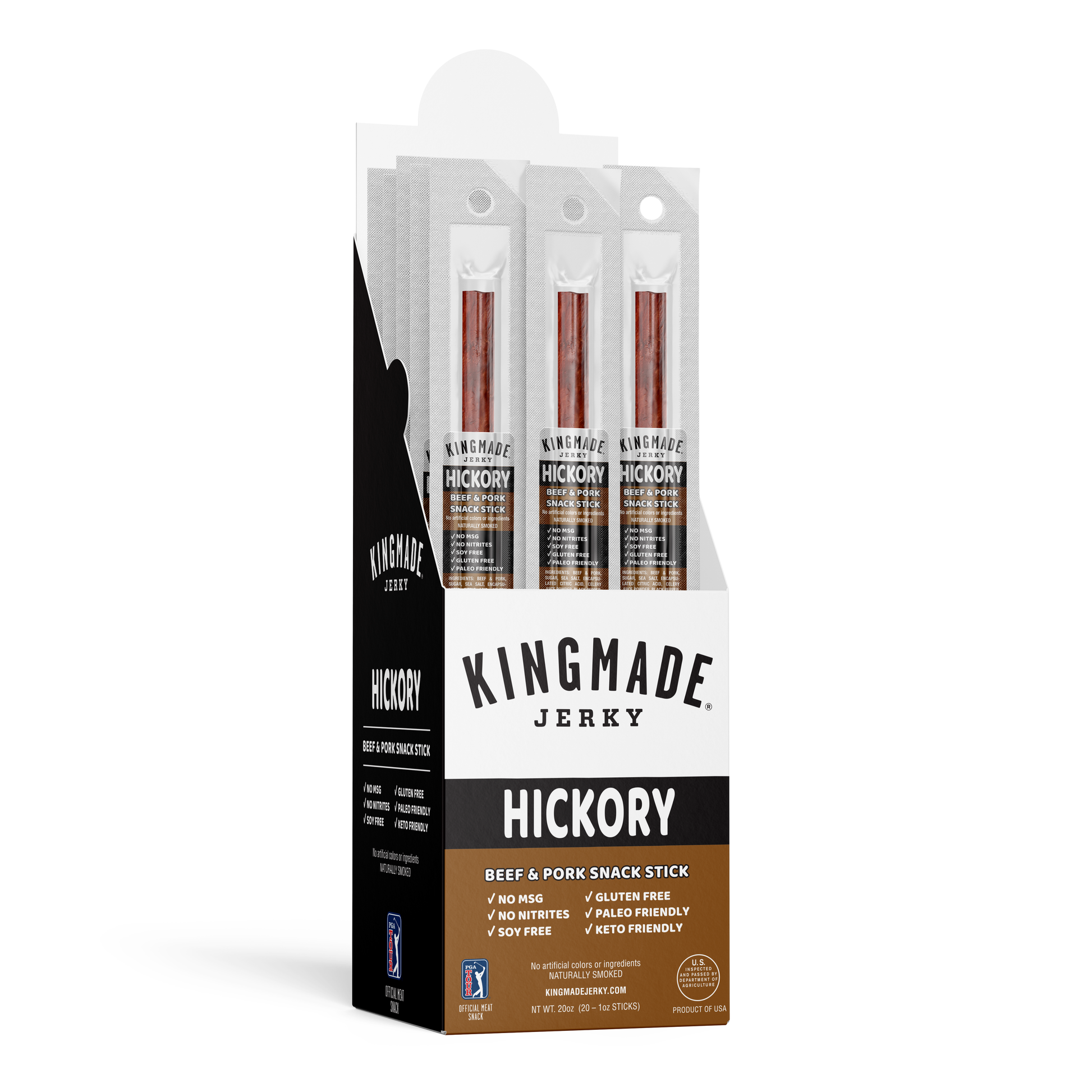 Kingmade Jerky Hickory Flavor Snack Sticks, 20-count, showing golden-brown beef snack sticks with hickory seasoning.