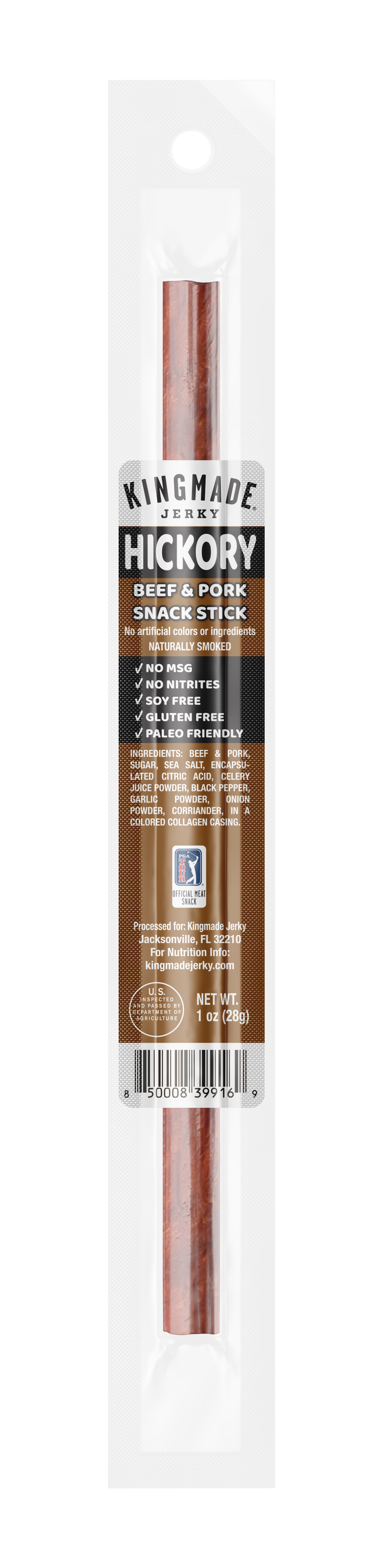 Kingmade Jerky Hickory Flavor Snack Sticks, 20-count, showing crispy, flavored snack sticks in a clear package.