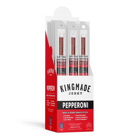 Kingmade Jerky Pepperoni Flavor Snack Sticks, 20 count, showing crispy, flavorful snack sticks with pepperoni seasoning.