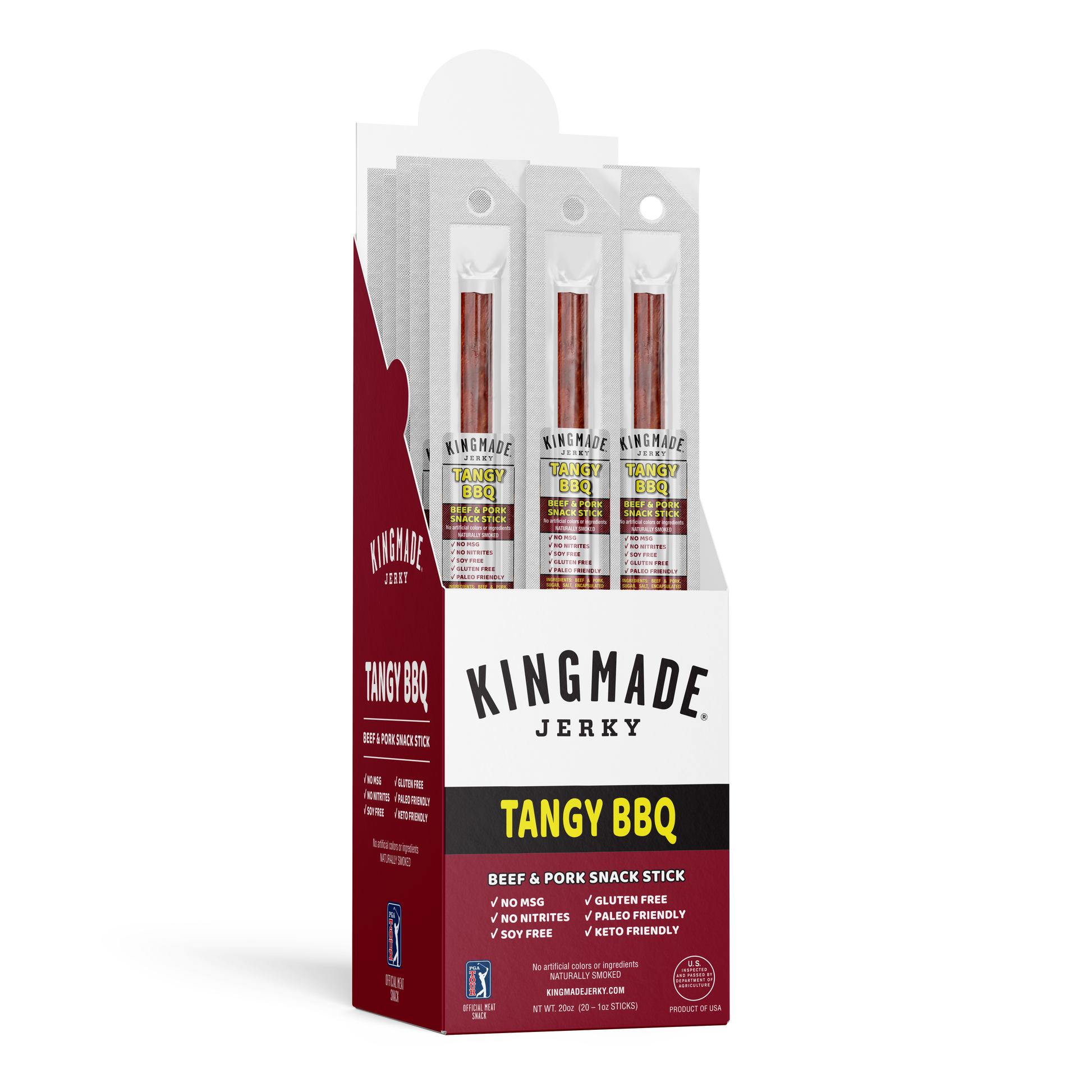 Kingmade Jerky Tangy BBQ Flavor Snack Sticks, 20-count pack showing crispy, seasoned snack sticks in a clear container.