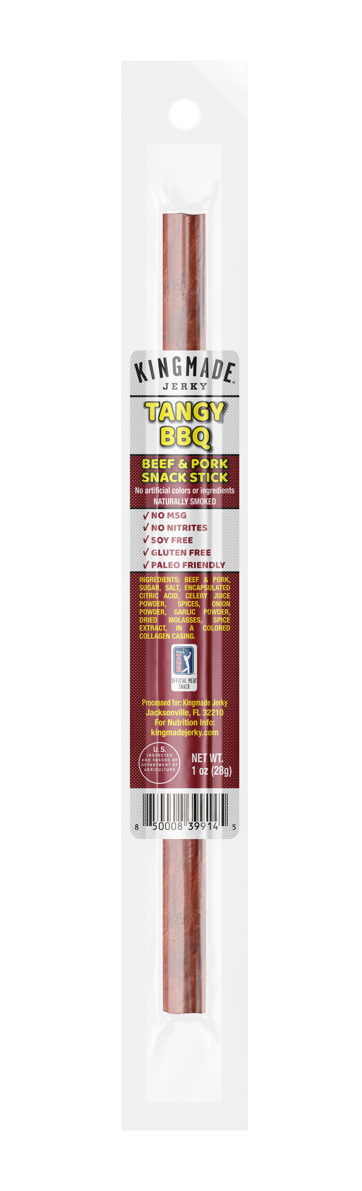 Kingmade Jerky Tangy BBQ Flavor Snack Sticks, 20 count, close-up view of savory beef snack sticks with BBQ seasoning