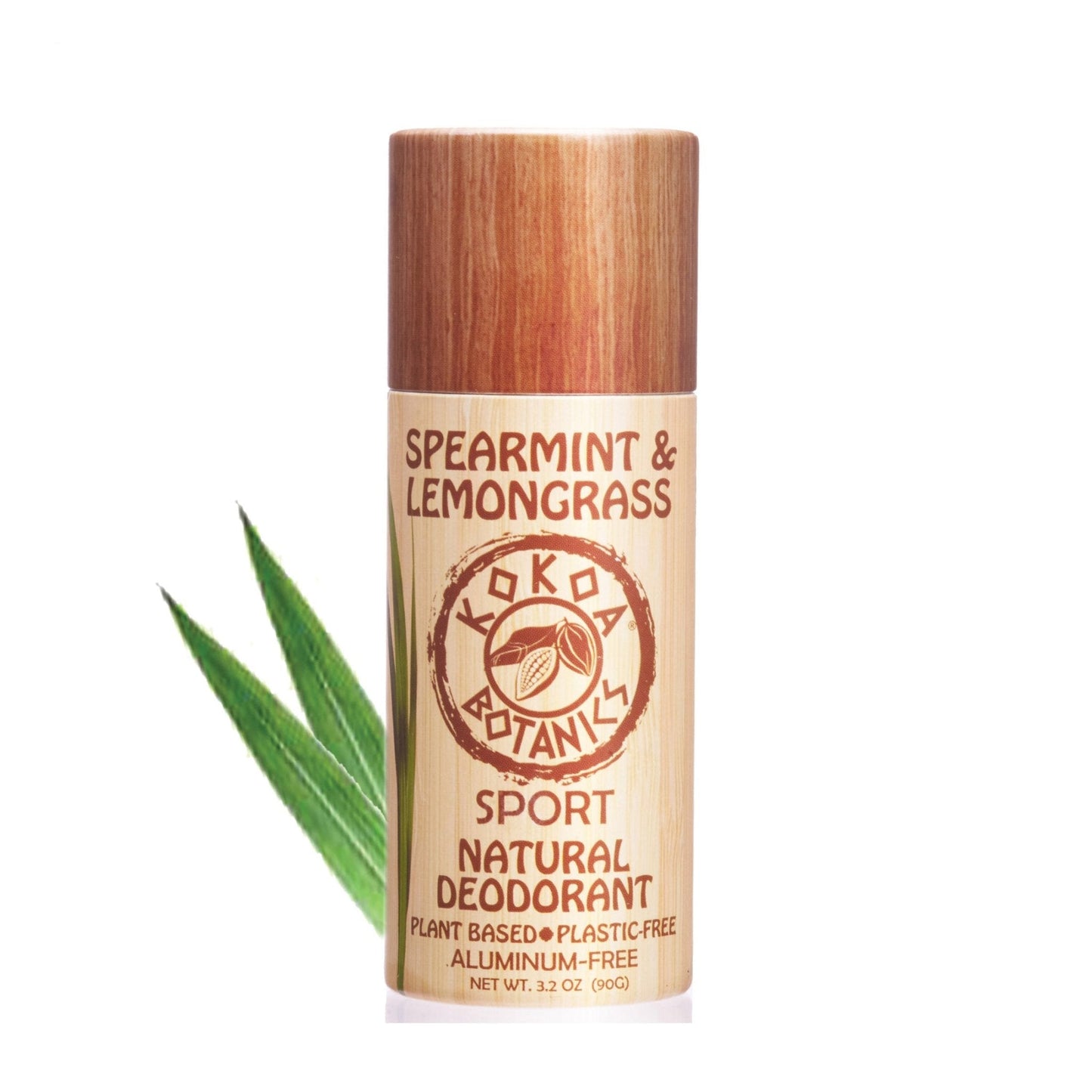 KOKOA BOTANICS lemongrass and spearmint natural deodorant stick, aluminum-free, plastic-free, 3.2 oz, for sport use