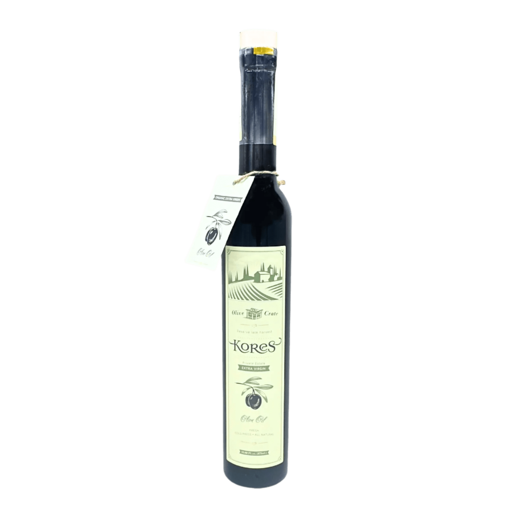 Kores Estate Greek extra virgin olive oil by Olive Crate, bottled in a dark glass bottle with a green label and gold accents.