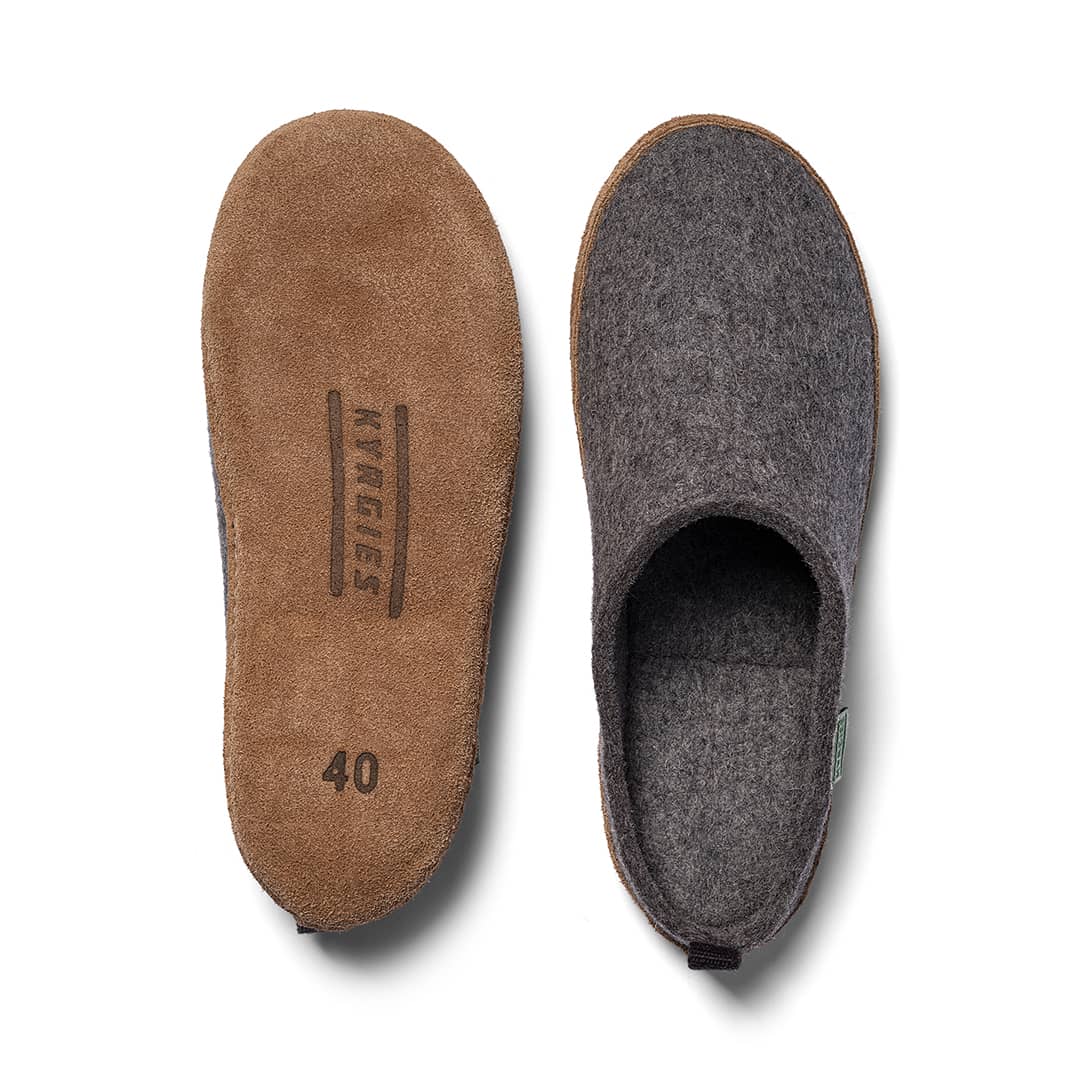 A pair of Kyrgies Indoor Wool Slides in gray, handcrafted from wool, shown top and bottom with brown suede soles marked "Kyrgies" and size 40. These natural slippers are biodegradable.