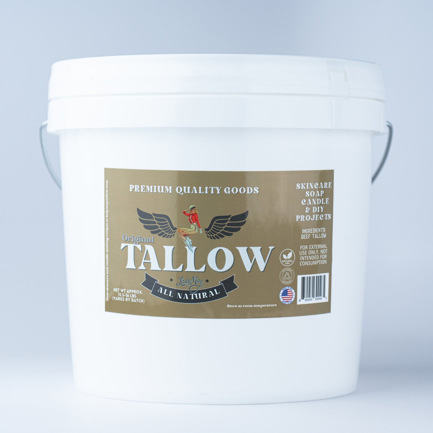Lady May Tallow unscented 16-pound bulk beef tallow in a natural, pure form, ready for cooking or skincare applications.