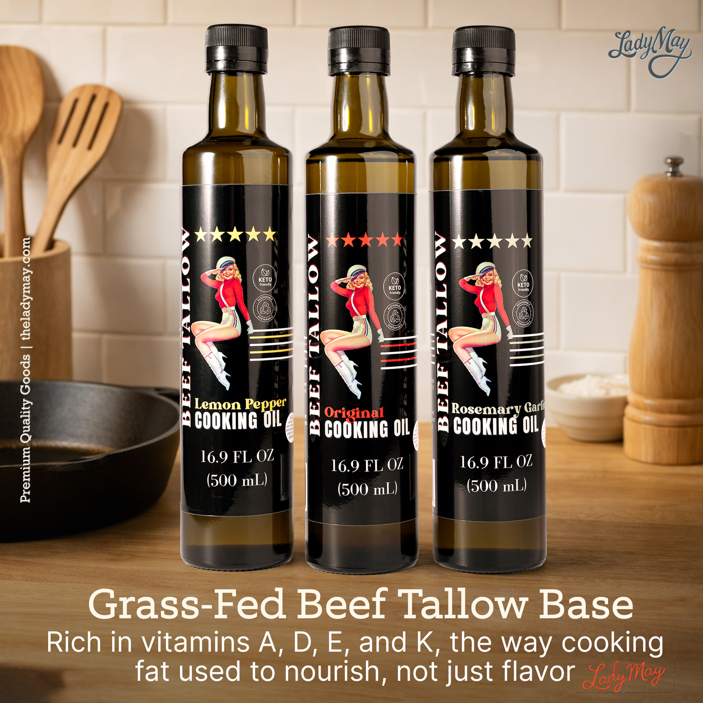 Lady May Tallow Cooking Oil Trio Bundle | Grass-Fed Beef Tallow & Olive Oil | Original, Rosemary Garlic & Lemon Pepper | Clean High-Heat Cooking from Our Restaurant Kitchen - The Lady May ~ Blessings Grow Meadows