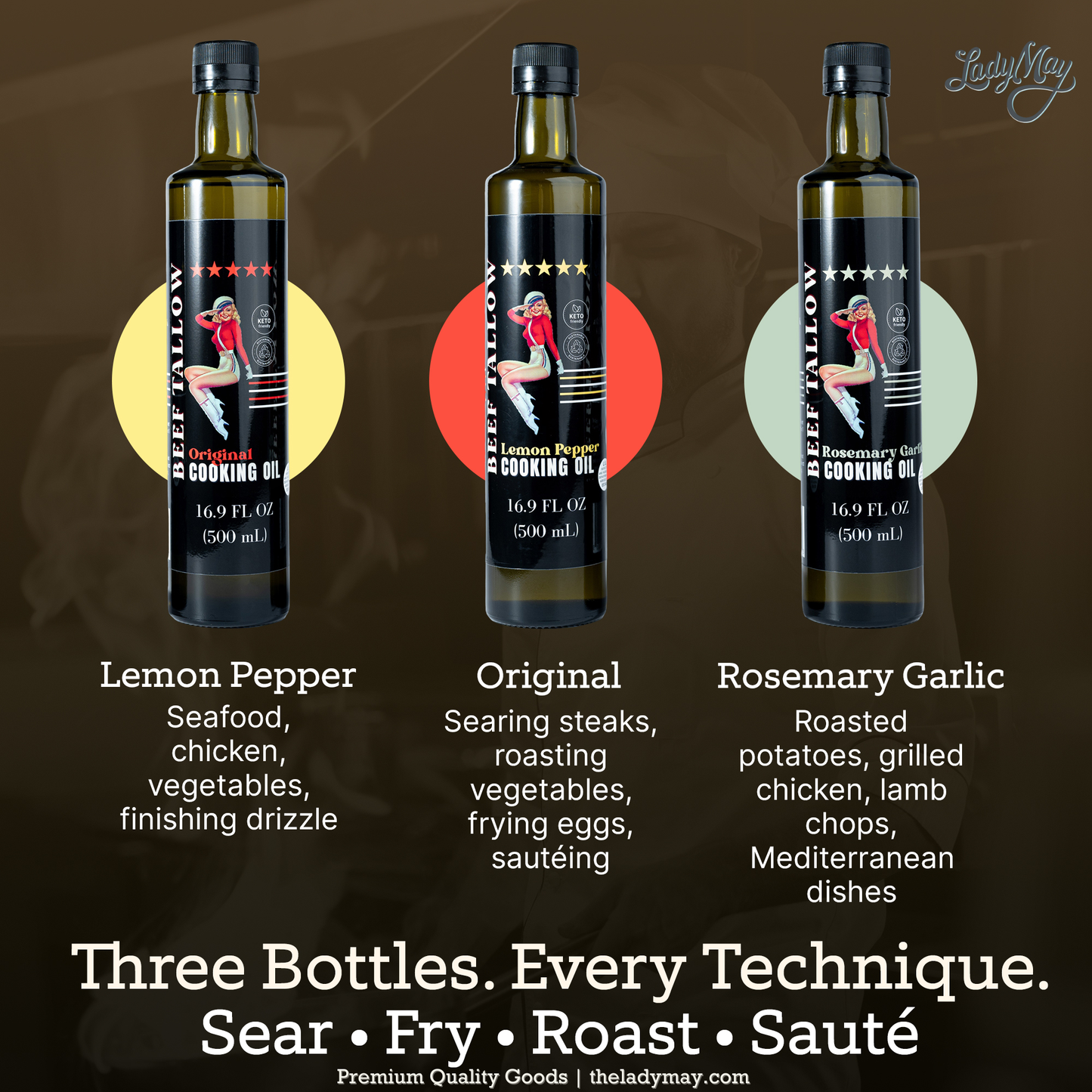 Lady May Tallow Cooking Oil Trio Bundle | Grass-Fed Beef Tallow & Olive Oil | Original, Rosemary Garlic & Lemon Pepper | Clean High-Heat Cooking from Our Restaurant Kitchen - The Lady May ~ Blessings Grow Meadows