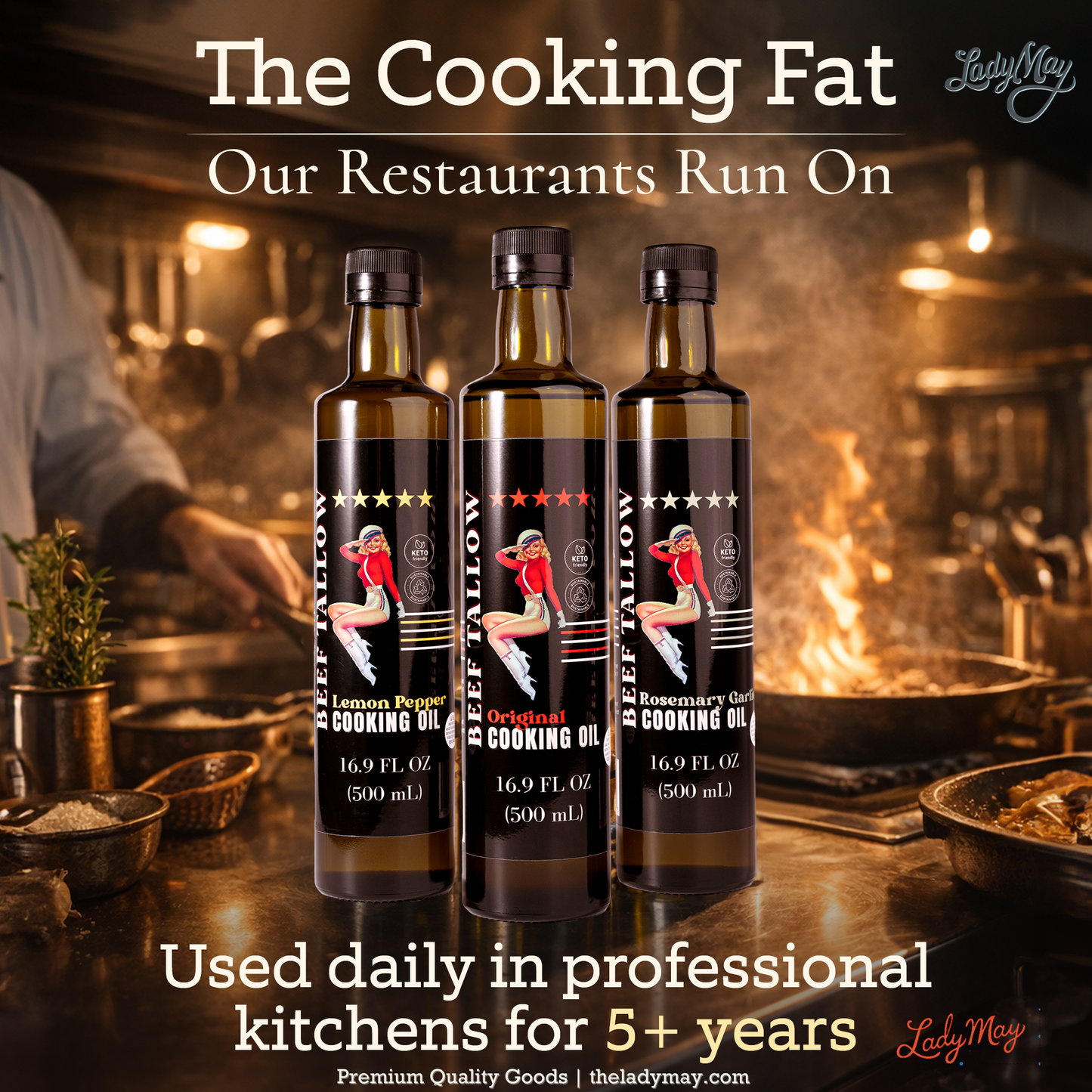 Lady May Tallow Cooking Oil Trio Bundle | Grass-Fed Beef Tallow & Olive Oil | Original, Rosemary Garlic & Lemon Pepper | Clean High-Heat Cooking from Our Restaurant Kitchen - The Lady May ~ Blessings Grow Meadows