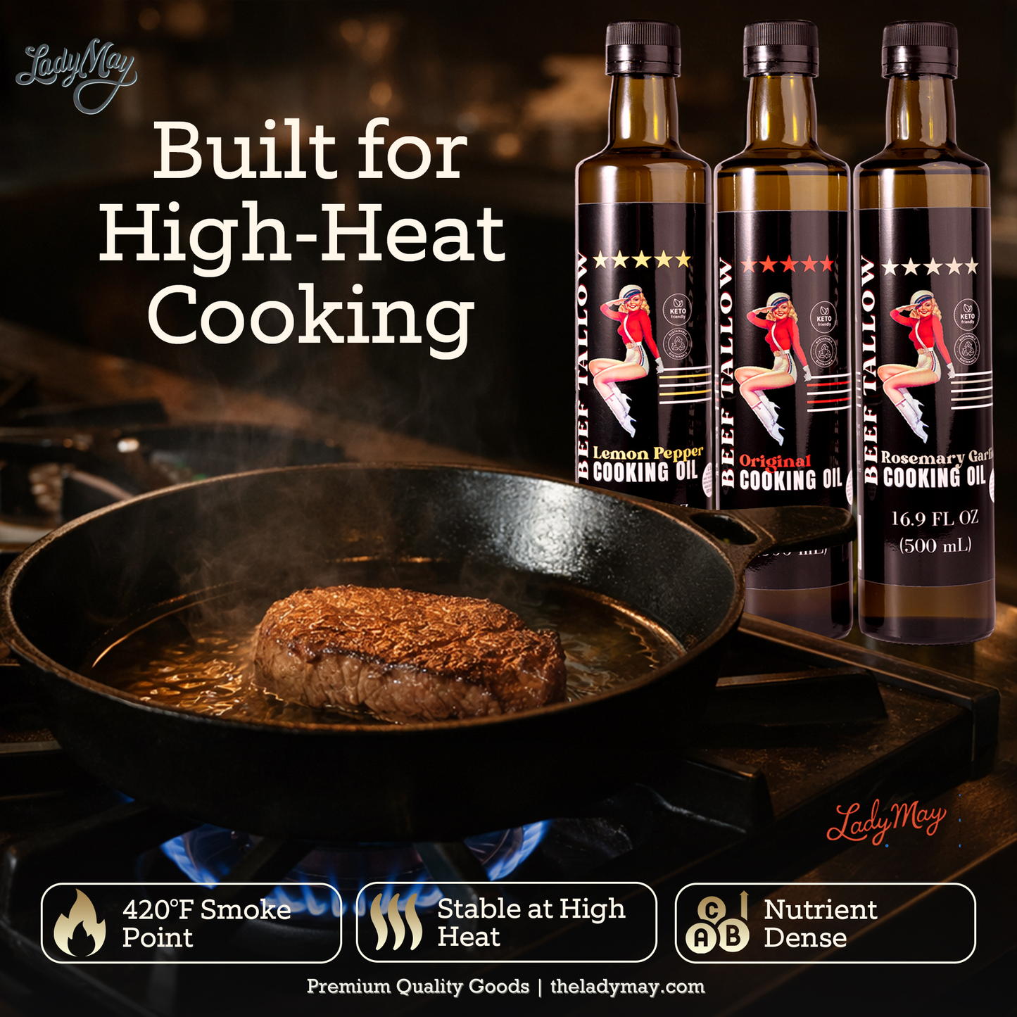 Lady May Tallow Cooking Oil Trio Bundle | Grass-Fed Beef Tallow & Olive Oil | Original, Rosemary Garlic & Lemon Pepper | Clean High-Heat Cooking from Our Restaurant Kitchen - The Lady May ~ Blessings Grow Meadows