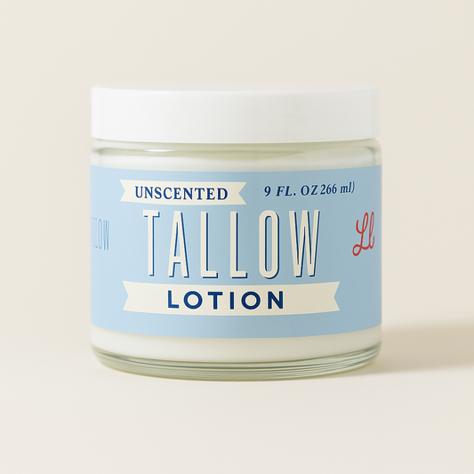 A 9 fl. oz (266 ml) jar of Lady May Tallow’s Unscented Tallow Lotion, an all-natural beef tallow moisturizer with a white lid and blue label—perfect for sensitive skin.