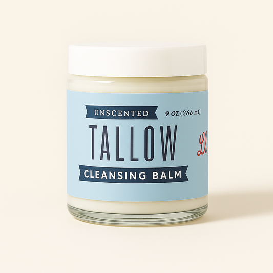 Lady May Tallow Unscented Tallow Balm body cream in a 9oz jar, natural beef tallow moisturizer with smooth, creamy texture.