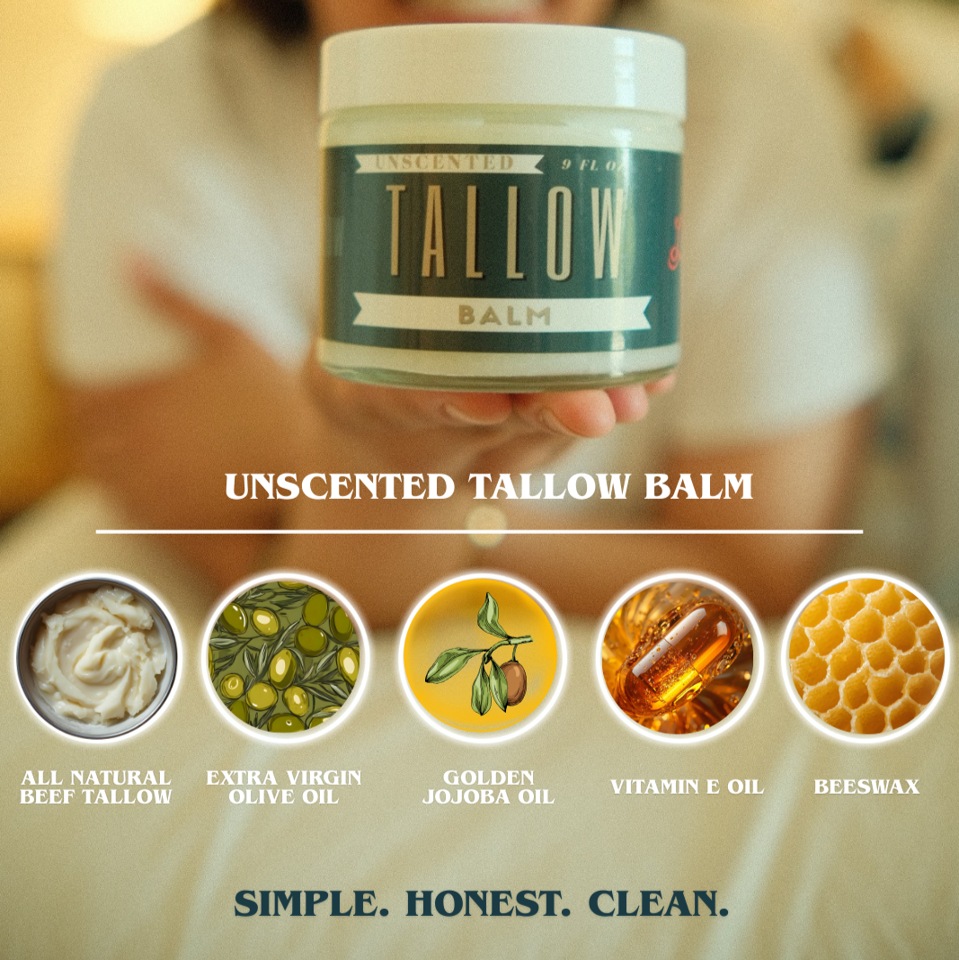 Lady May Tallow Unscented Tallow Balm, all-natural beef tallow moisturizer in a 2oz container, for nourishing skin hydration.