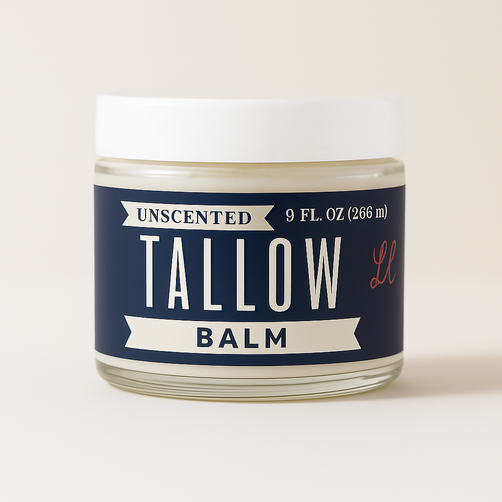 Lady May Tallow unscented beef tallow body cream in a 2oz jar, natural all-purpose moisturizer with a smooth, creamy texture